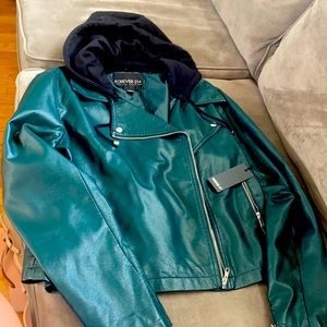 Dark green faux leather jacket w/ detachable hood